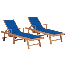 Tumbonas 2 unidades madera maciza de teca con cojín azul royal de vidaXL, Tumbonas - Ref: Foro24-3073196, Precio: 589,99 €, D...