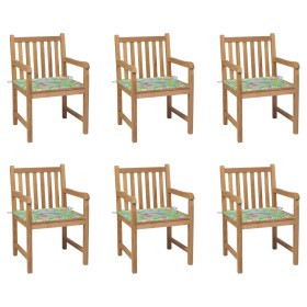 Garden chairs 6 pcs teak wood cushions printed leaves by vidaXL, Garden chairs - Ref: Foro24-3073043, Price: 770,99 €, Discou...