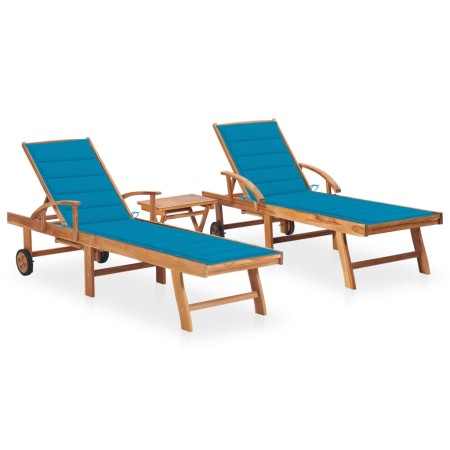 Sun loungers with table and cushion, 2 units solid teak wood. by vidaXL, Loungers - Ref: Foro24-3073175, Price: 596,99 €, Dis...