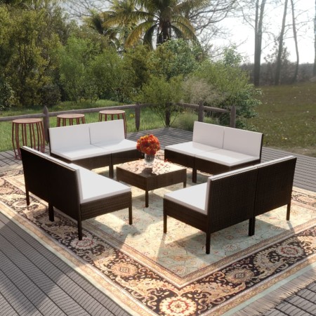 Set de muebles de jardín 9 pzas cojines ratán sintético negro de vidaXL, Conjuntos de jardín - Ref: Foro24-3094316, Precio: 5...