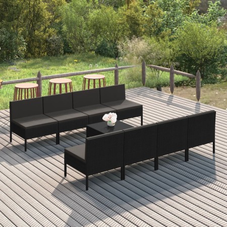 Set de muebles de jardín 9 pzas cojines ratán sintético negro de vidaXL, Conjuntos de jardín - Ref: Foro24-3094333, Precio: 5...