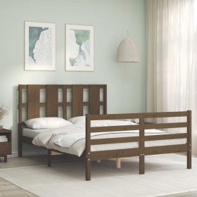 Double bed frame with honey brown wooden headboard by vidaXL, Beds and slatted bases - Ref: Foro24-3194089, Price: 159,97 €, ...