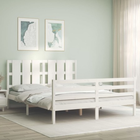 Double bed frame with white solid wood headboard by vidaXL, Beds and slatted bases - Ref: Foro24-3194122, Price: 156,16 €, Di...