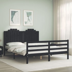 Double bed frame with black solid wood headboard by vidaXL, Beds and slatted bases - Ref: Foro24-3194190, Price: 168,99 €, Di...