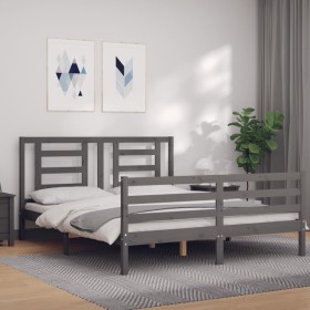 Double bed frame with gray solid wood headboard by vidaXL, Beds and slatted bases - Ref: Foro24-3194708, Price: 153,99 €, Dis...