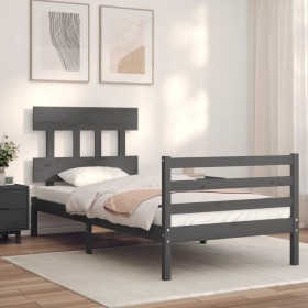 Gray solid wood bed frame with headboard 100x200 cm by vidaXL, Beds and slatted bases - Ref: Foro24-3195148, Price: 107,99 €,...