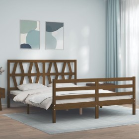 Double bed frame with honey brown wooden headboard by vidaXL, Beds and slatted bases - Ref: Foro24-3194384, Price: 177,99 €, ...