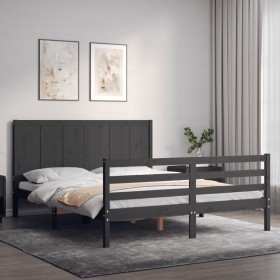 Double bed frame with gray solid wood headboard by vidaXL, Beds and slatted bases - Ref: Foro24-3194513, Price: 186,99 €, Dis...