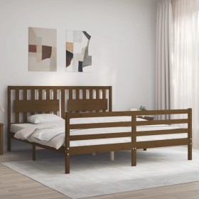 Honey brown solid wood bed frame with headboard by vidaXL, Beds and slatted bases - Ref: Foro24-3194329, Price: 187,99 €, Dis...