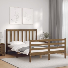 Double bed frame with honey brown wooden headboard by vidaXL, Beds and slatted bases - Ref: Foro24-3193829, Price: 156,99 €, ...