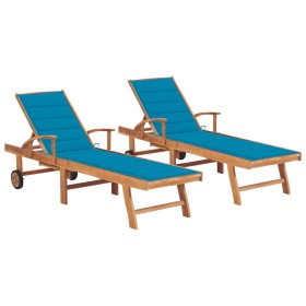 Sun loungers 2 units solid teak wood with blue cushion by vidaXL, Loungers - Ref: Foro24-3073190, Price: 589,99 €, Discount: %