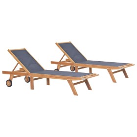 Folding sun loungers with wheels 2 pcs solid teak and textilene by vidaXL, Loungers - Ref: Foro24-3073000, Price: 569,99 €, D...