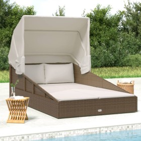 Sun lounger with folding awning, brown synthetic rattan 200x114x128cm by vidaXL, Outdoor beds - Ref: Foro24-362272, Price: 34...