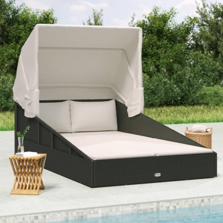 Tumbona con toldo plegable ratán sintético negro 200x114x128 cm de vidaXL, Camas para exteriores - Ref: Foro24-362273, Precio...