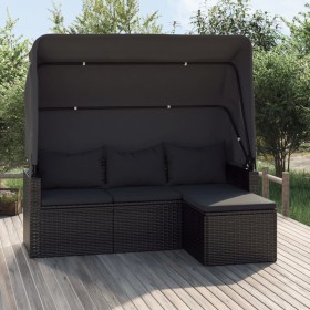 3-Sitzer-Gartensofa mit Markise und schwarzem synthetischem Rattanhocker von vidaXL, Outdoor-Sofas - Ref: Foro24-362334, Prei...