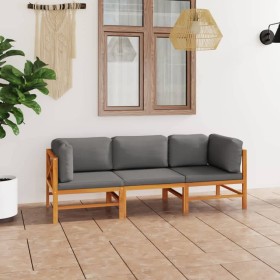 3-seater garden sofa with gray cushions in solid teak wood by vidaXL, Garden sets - Ref: Foro24-3087209, Price: 443,99 €, Dis...