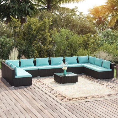 Set muebles de jardín 11 pzas y cojines ratán sintético negro de vidaXL, Conjuntos de jardín - Ref: Foro24-3101929, Precio: 1...