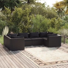 Gartensofa-Set 6-teilig und Kissen aus schwarzem synthetischem Rattan von vidaXL, Gartensets - Ref: Foro24-3101936, Preis: 62...