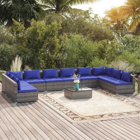 Set de muebles de jardín 11 pzas y cojines ratán sintético gris de vidaXL, Conjuntos de jardín - Ref: Foro24-3101934, Precio:...