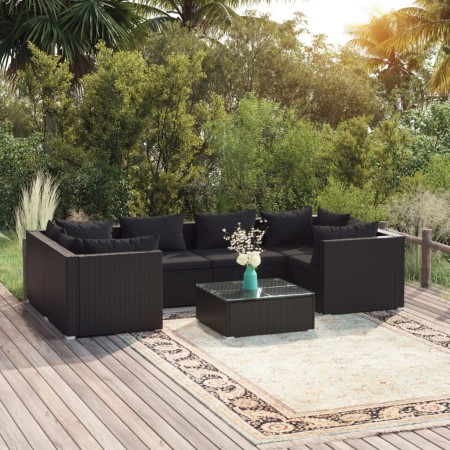 Set de muebles de jardín y cojines 7 pzas ratán sintético negro de vidaXL, Conjuntos de jardín - Ref: Foro24-3101944, Precio:...