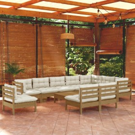 Muebles de jardín 11 pzas y cojines madera de pino marrón miel