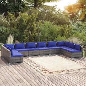 Set de muebles de jardín 10 pzas y cojines ratán sintético gris de vidaXL, Conjuntos de jardín - Ref: Foro24-3101926, Precio:...