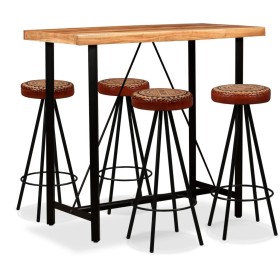 Table and 4 bar stools solid acacia wood real leather and canvas by vidaXL, Furniture sets for kitchens and dining rooms - Re...