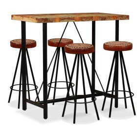 Table and 4 bar stools made of solid recycled wood, real leather, and canvas. by vidaXL, Furniture sets for kitchens and dini...