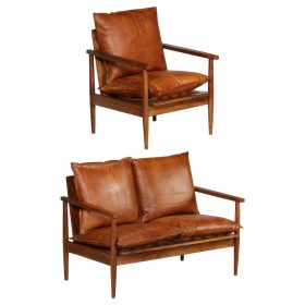 Brown genuine leather and acacia wood 2-piece sofa set by vidaXL, Sofas - Ref: Foro24-3100743, Price: 615,99 €, Discount: %