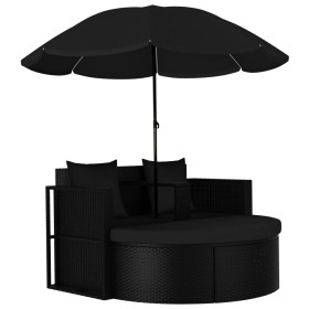 Cama de jardín con sombrilla ratán sintético negro de vidaXL, Camas para exteriores - Ref: Foro24-47398, Precio: 254,73 €, De...