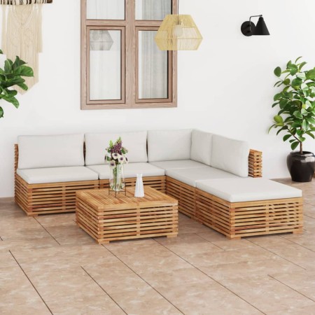 Muebles de jardín 6 piezas madera maciza teca con cojines crema de vidaXL, Conjuntos de jardín - Ref: Foro24-3087102, Precio:...