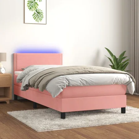 Box spring bed with mattress and LED pink velvet 90x190 cm by , Beds and slatted bases - Ref: Foro24-3134320, Price: 314,38 €...