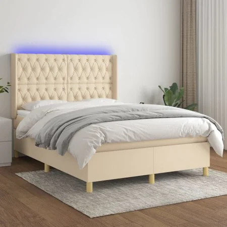 Box spring bed mattress and LED lights cream fabric 140x190 cm by , Beds and slatted bases - Ref: Foro24-3139114, Price: 579,...