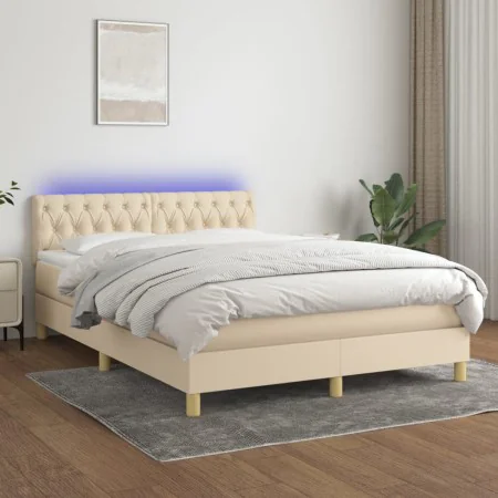 Box spring bed with mattress and LED cream fabric 140x200 cm by , Beds and slatted bases - Ref: Foro24-3133962, Price: 466,02...