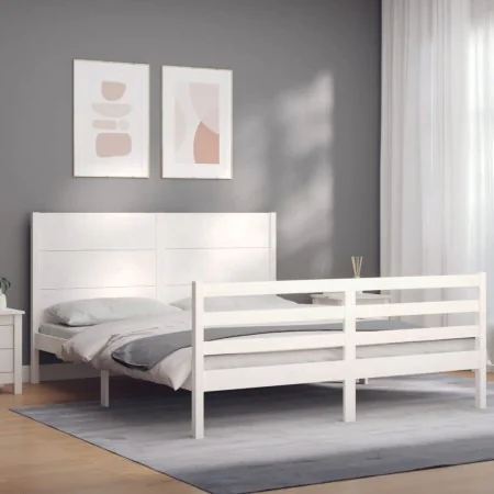 Estructura de cama matrimonio con cabecero madera maciza blanco de , Camas y somieres - Ref: Foro24-3194642, Precio: 193,32 €...