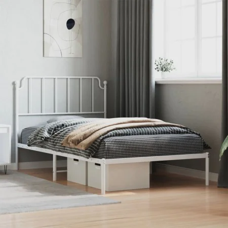 Metal bed frame with white headboard 107x203 cm by , Beds and slatted bases - Ref: Foro24-373932, Price: 64,35 €, Discount: %