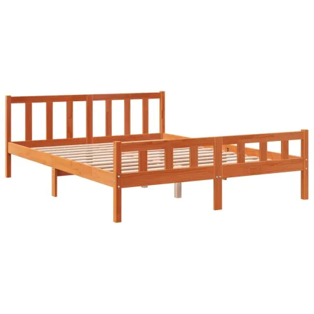 Bed frame with wax brown pine wood headboard 150x200 cm by , Beds and slatted bases - Ref: Foro24-844398, Price: 106,61 €, Di...