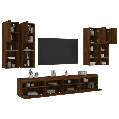 Muebles de TV de pared con luces LED 7 piezas marrón roble de , Muebles TV - Ref: Foro24-3216777, Precio: 391,70 €, Descuento: %