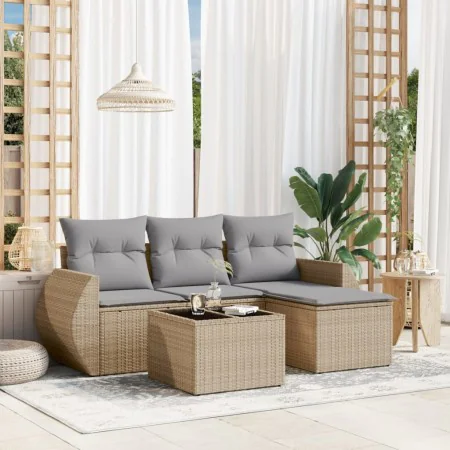 Garden sofa set with cushions 5 pieces beige synthetic rattan by , Garden sets - Ref: Foro24-3253616, Price: 367,01 €, Discou...