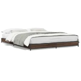 Oak brown metal engineered wood bed frame 150x200 cm by vidaXL, Beds and slatted bases - Ref: Foro24-845145, Price: 94,36 €, ...