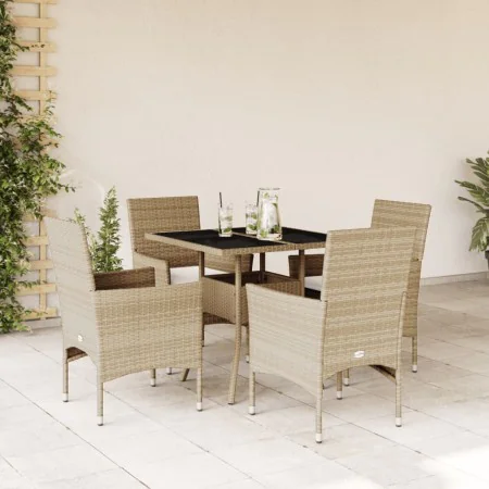 Garten-Essgruppe, 5-teilig, mit Kissen aus beigem synthetischem Rattan aus Glas von vidaXL, Gartensets - Ref: Foro24-3278610,...