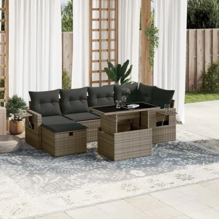 7-teiliges Gartensofa-Set mit grauen synthetischen Rattankissen von vidaXL, Gartensets - Ref: Foro24-3274980, Preis: 525,24 €...