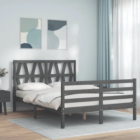 Gray solid wood bed frame with headboard 140x190 cm by vidaXL, Beds and slatted bases - Ref: Foro24-3194358, Price: 162,04 €,...