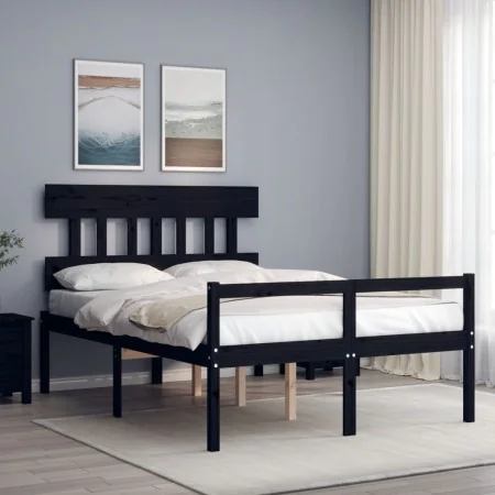 Bed frame with black solid wood headboard 140x200 cm by vidaXL, Beds and slatted bases - Ref: Foro24-3195420, Price: 143,46 €...