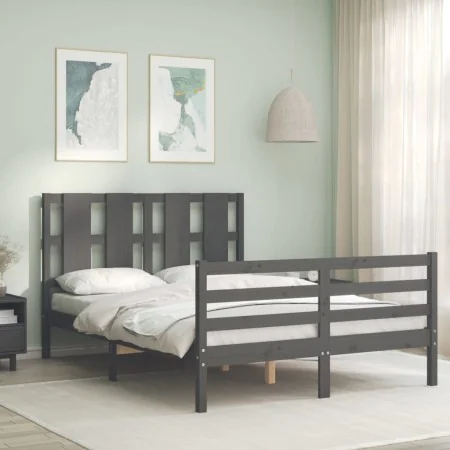 Gray solid wood bed frame with headboard 140x190 cm by vidaXL, Beds and slatted bases - Ref: Foro24-3194098, Price: 165,43 €,...