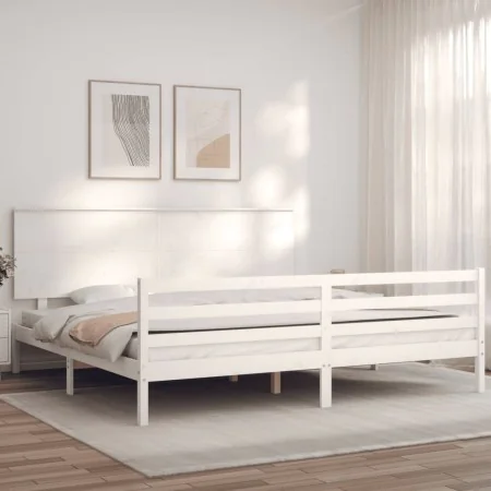 White solid wood bed frame with headboard 200x200 cm by vidaXL, Beds and slatted bases - Ref: Foro24-3195242, Price: 165,53 €...