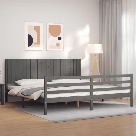 Gray solid wood bed frame with headboard 200x200 cm by vidaXL, Beds and slatted bases - Ref: Foro24-3194788, Price: 185,31 €,...