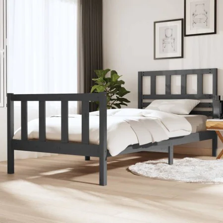 Gray solid wood bed frame 100x200 cm by vidaXL, Beds and slatted bases - Ref: Foro24-3101145, Price: 116,54 €, Discount: %