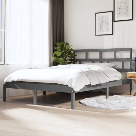 Gray solid wood double bed frame 135x190 cm by vidaXL, Beds and slatted bases - Ref: Foro24-3101195, Price: 152,02 €, Discoun...