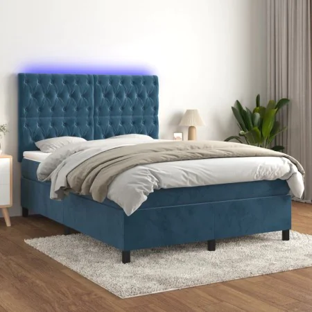 Box spring bed with mattress and LED dark blue velvet 140x200 cm by vidaXL, Beds and slatted bases - Ref: Foro24-3136309, Pri...